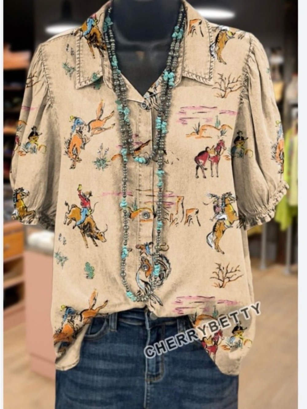 2x NWOT Beige Western Print Puff-Sleeve Button-Up Top